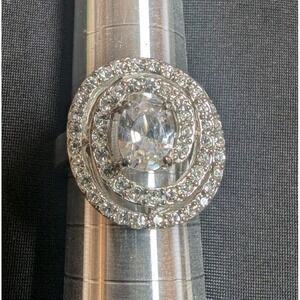 Halo Ring Womens Sz 7.25 Clear Oval Gemstone Pavé Double Halo Silver Tone 6.52g